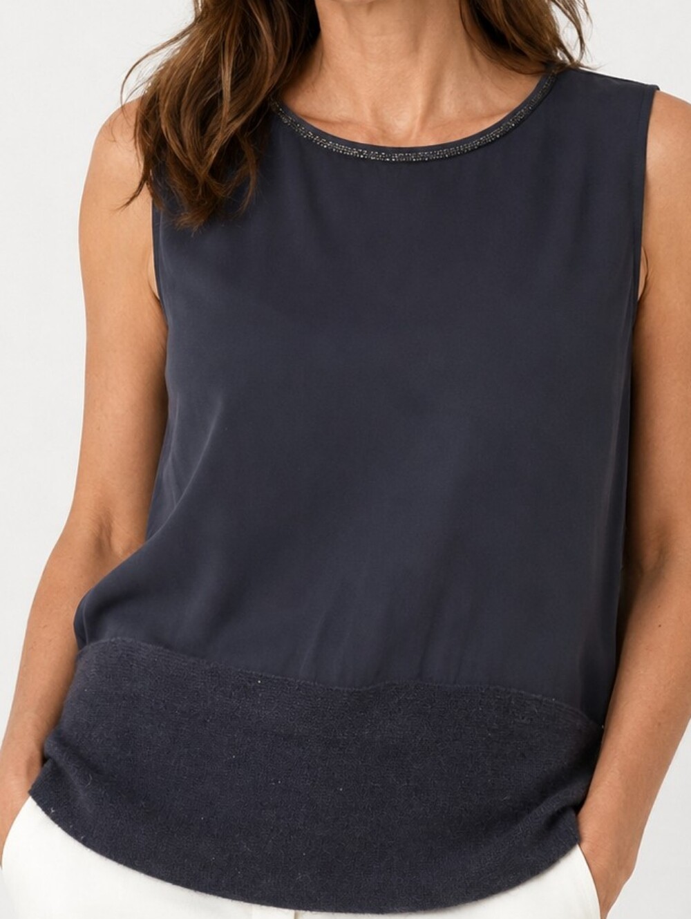 Fabiana Filippi Cashmere Sleeveless Top Womens Black Beaded Neck Italy Fashion